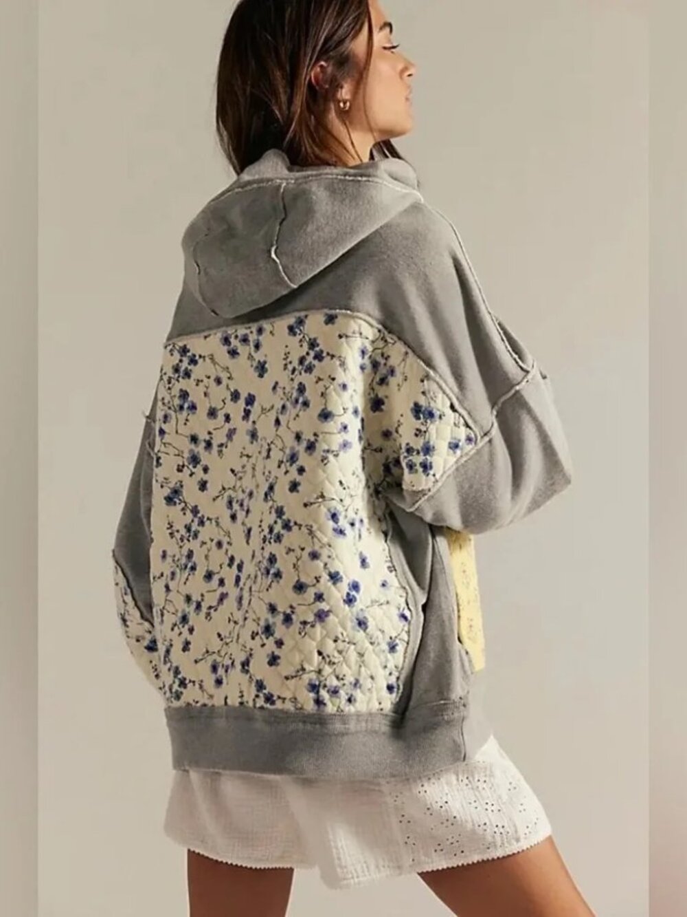 FREE PEOPLE WE THE FREE Small Get Ditsy Hoodie Oversized Mix Media Buttercream - Picture 2 of 11
